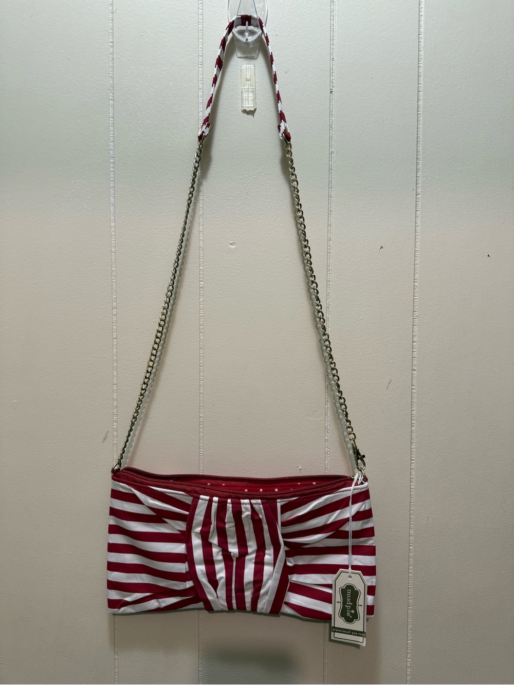 Mud Pie Red and White Striped Chain-Handle Clutch